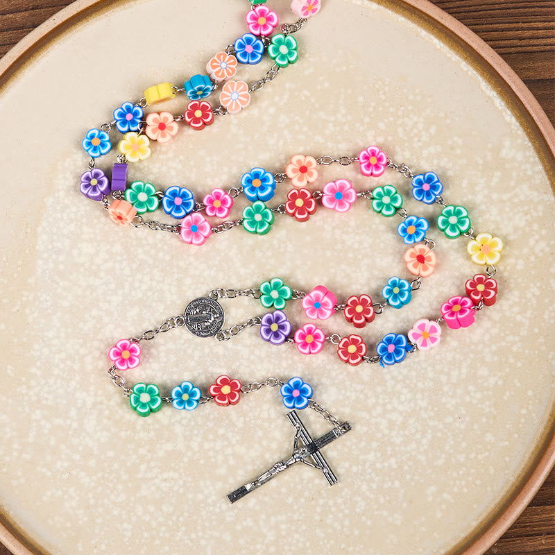 Christiandiscipleshop St. Benedict Medal & Crucifix of 8 mm Flower Multicolor Polymer Clay Alloy Chain Rosary