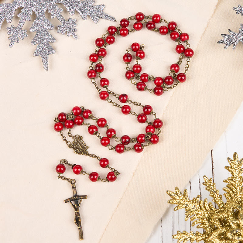 Christiandiscipleshop Rose & Crucifix of 8 mm Round Red Natural Stone Alloy Chain Rosary