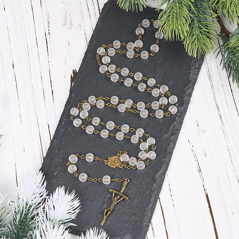 Christiandiscipleshop Rose & Crucifix of 8 mm Round Clear Glass Alloy Chain Rosary