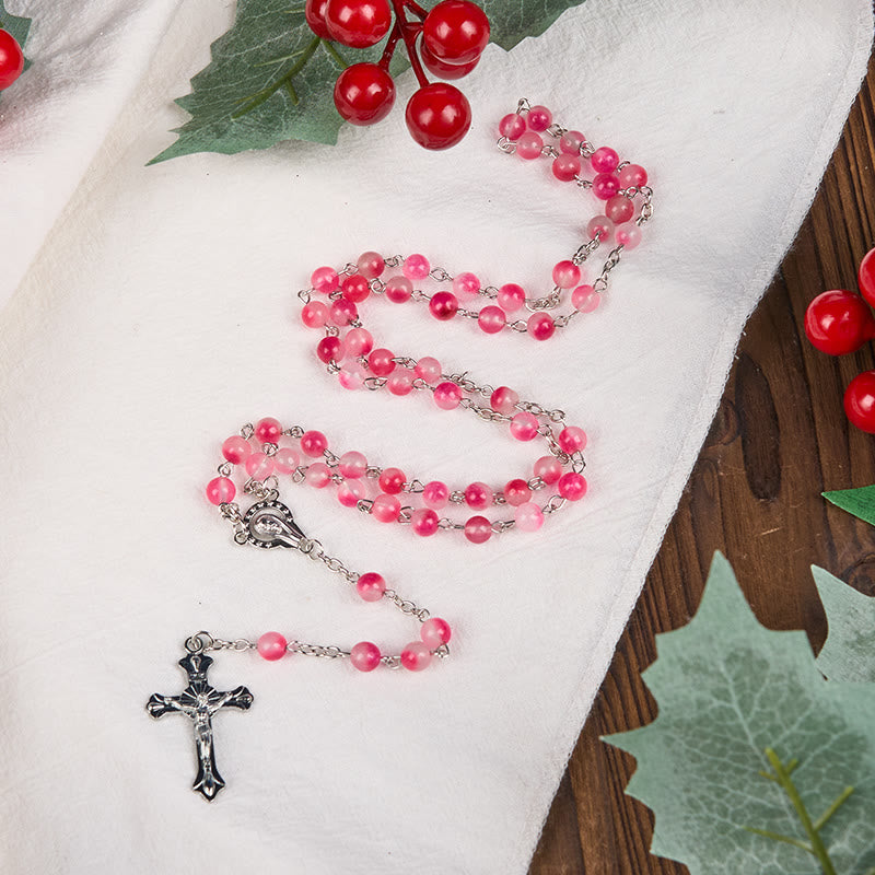 christiandiscipleshop Virgin Mary & Crucifix of 8 mm Round Pink Agate Alloy Chain Rosary
