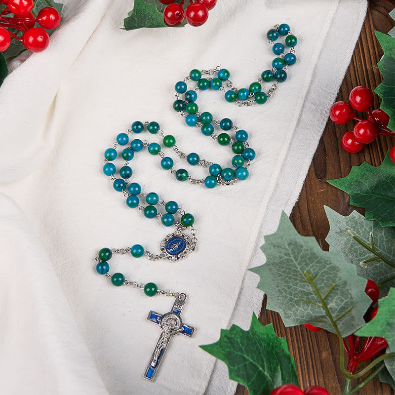 christiandiscipleshop Miraculous Medal & Crucifix of 8 mm Round Green Blue Stone Alloy Chain Rosary