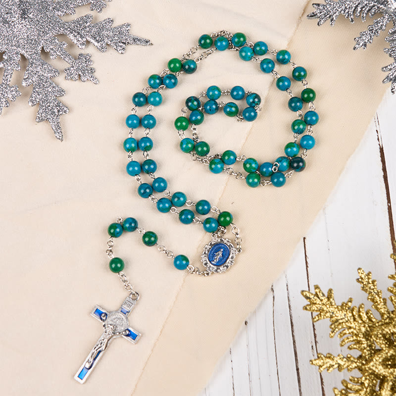 christiandiscipleshop Miraculous Medal & Crucifix of 8 mm Round Green Blue Stone Alloy Chain Rosary