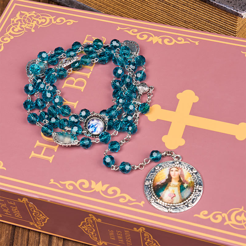 Christiandiscipleshop Sacred Heart of Jesus & Immaculate Heart of Mary of 8 mm Polyhedron Blue Glass Alloy Chain Rosary