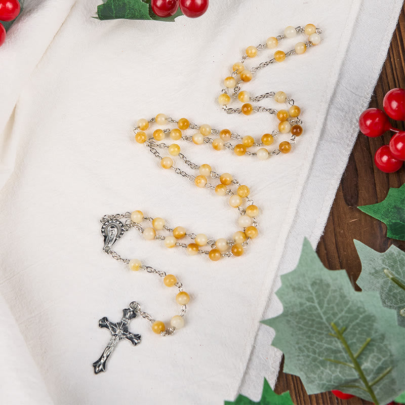 christiandiscipleshop Virgin Mary & Crucifix of 8 mm Round Yellow Agate Alloy Chain Rosary
