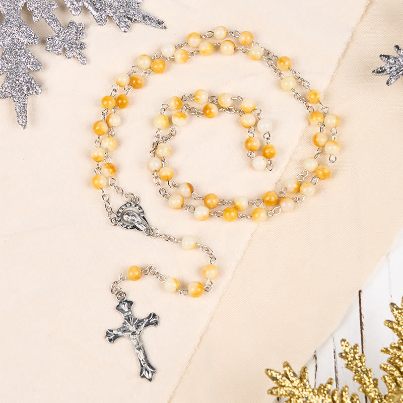 christiandiscipleshop Virgin Mary & Crucifix of 8 mm Round Yellow Agate Alloy Chain Rosary
