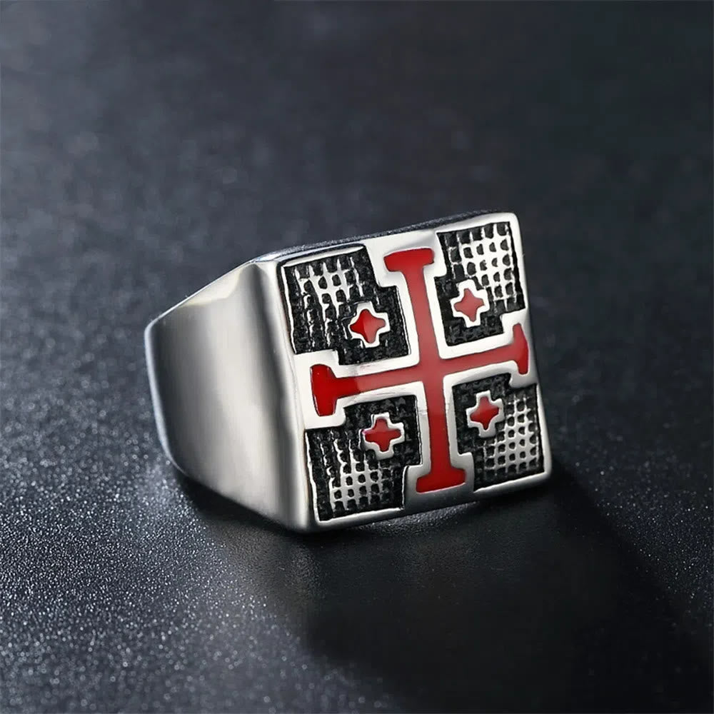 christiandiscipleshop Modern Style Heraldic Knight's Signet Enamel Cross Ring