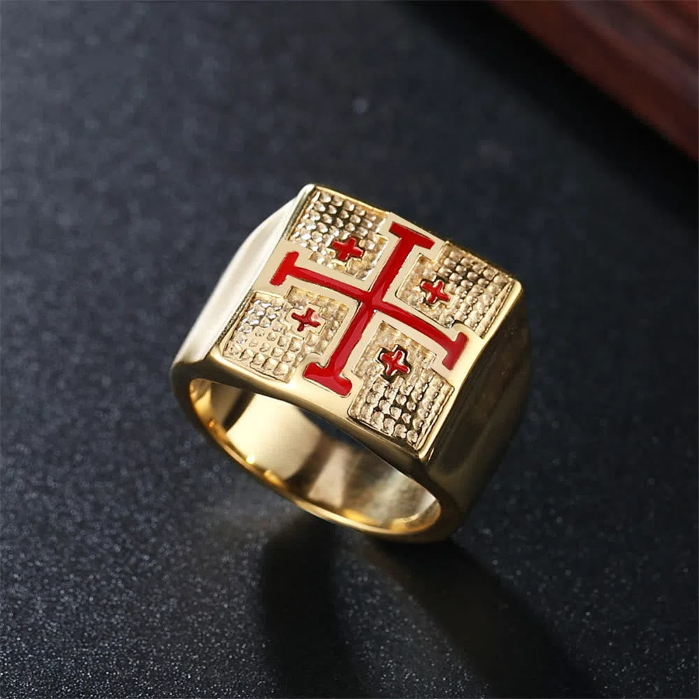 christiandiscipleshop Modern Style Heraldic Knight's Signet Enamel Cross Ring