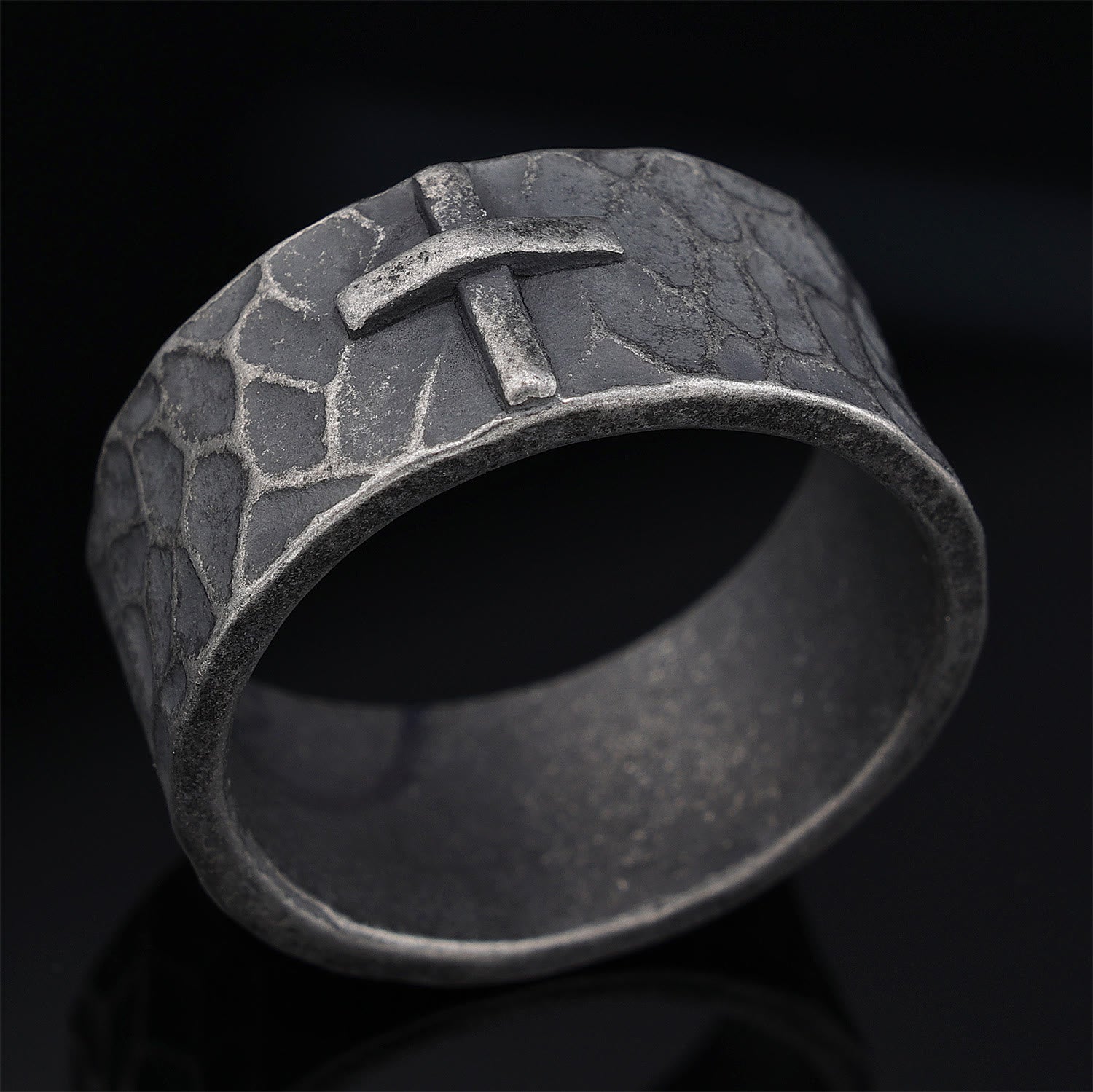 christiandiscipleshop Vintage Style Ancient Texture Forged Stone Cross Ring
