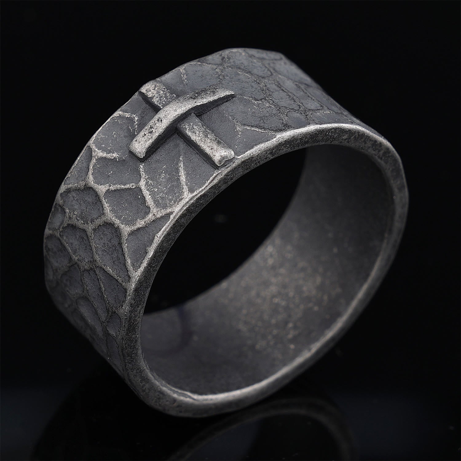 christiandiscipleshop Vintage Style Ancient Texture Forged Stone Cross Ring