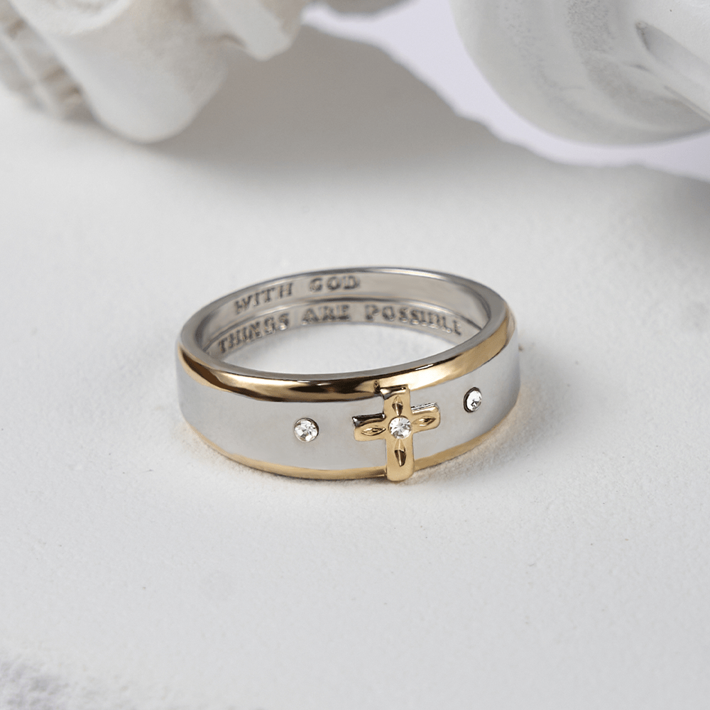 Christiandiscipleshop Modern Style Two-tone Gold Cross Alloy Ring(Made in Holy Land)