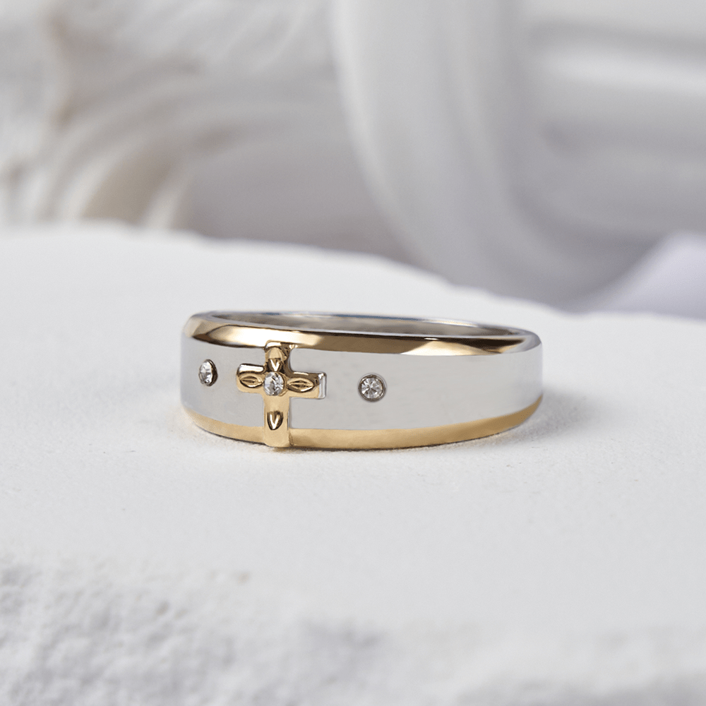 Christiandiscipleshop Modern Style Two-tone Gold Cross Alloy Ring(Made in Holy Land)