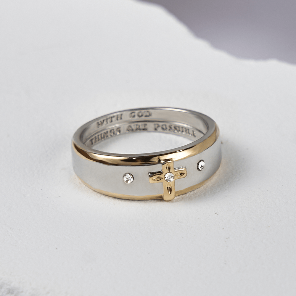 Christiandiscipleshop Modern Style Two-tone Gold Cross Alloy Ring(Made in Holy Land)