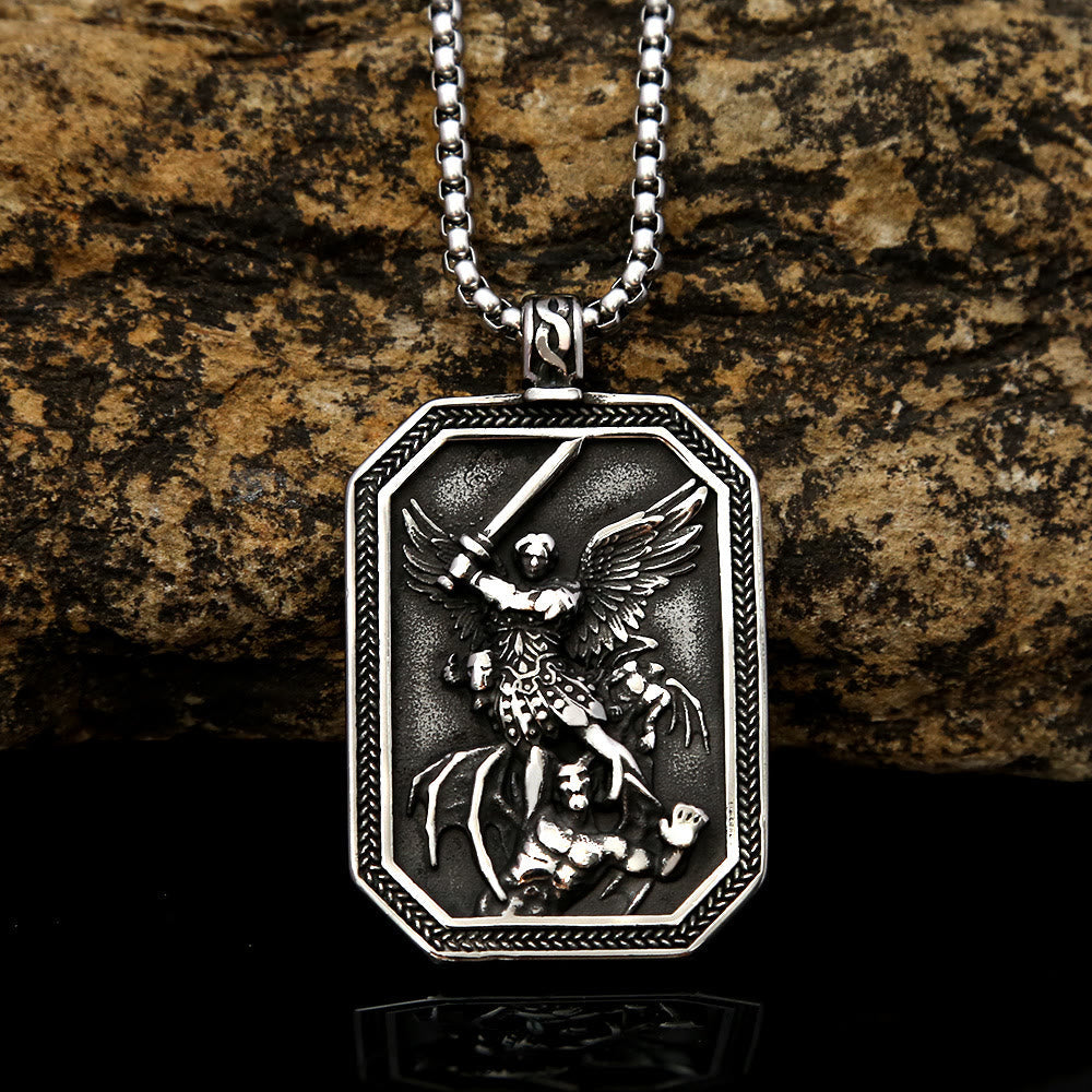 Christiandiscipleshop Retro Style Archangel St. Micheal Protect Us Crafted Stainless Steel Pendant Necklace