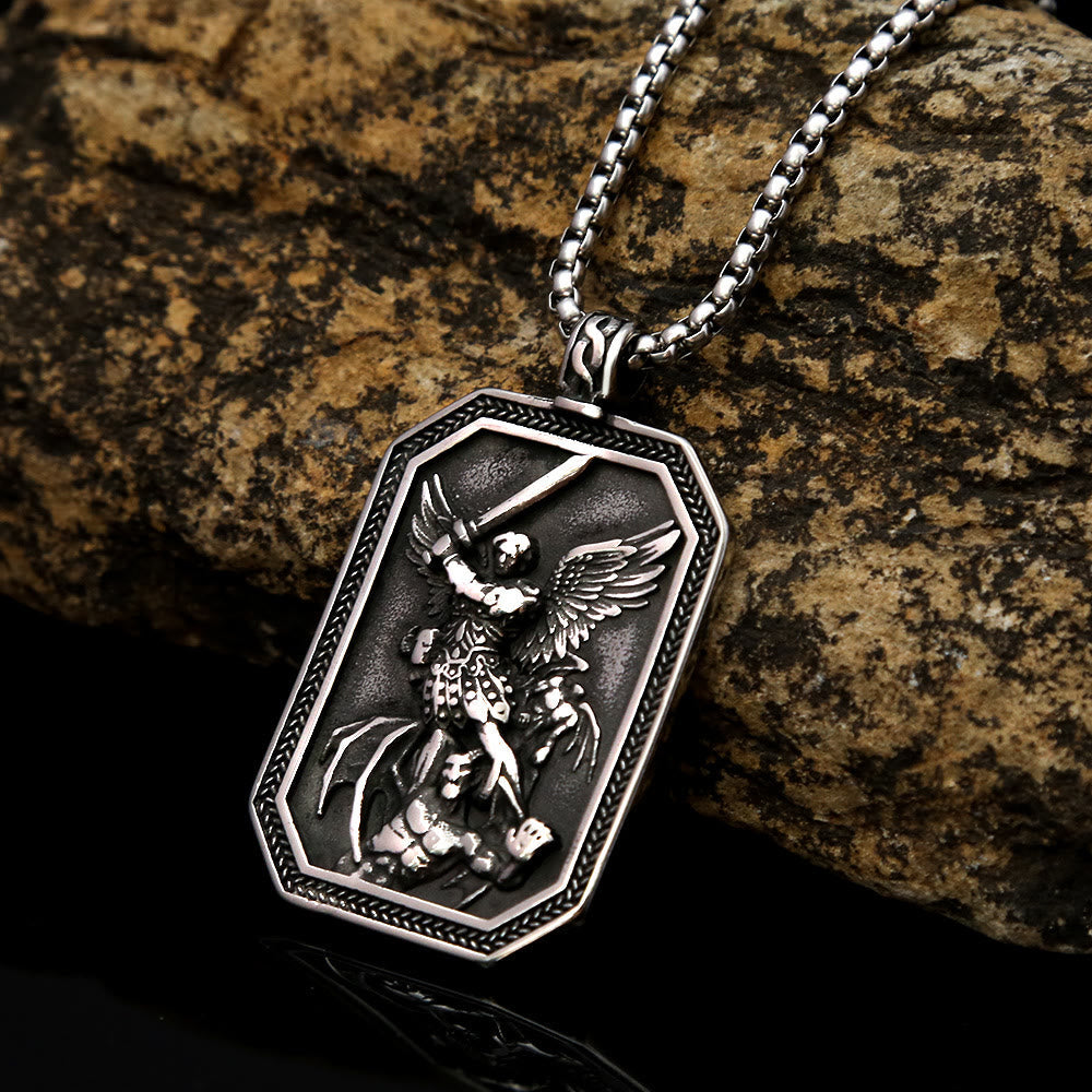 Christiandiscipleshop Retro Style Archangel St. Micheal Protect Us Crafted Stainless Steel Pendant Necklace