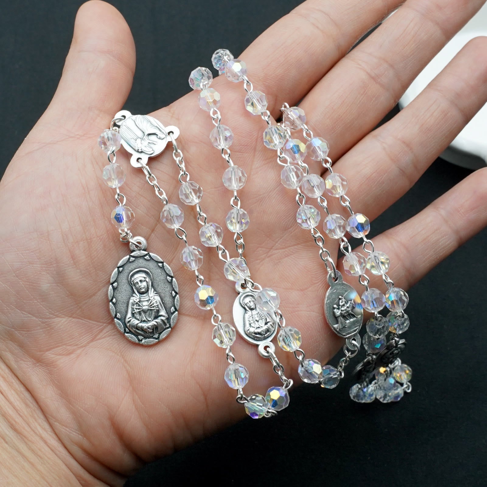 christiandiscipleshop Virgin Mary of 6 mm Polyhedron Clear Crystal Alloy Chain Rosary