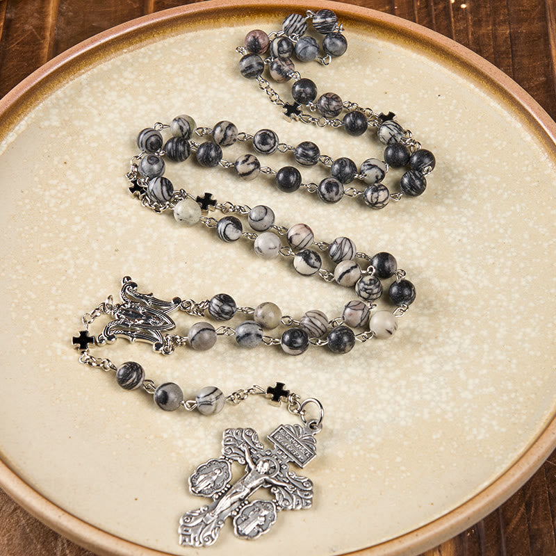 christiandiscipleshop Miraculous Medal & Crucifix Of 8 Mm Round Camouflage Gray Natural Stone Alloy Chain Rosary