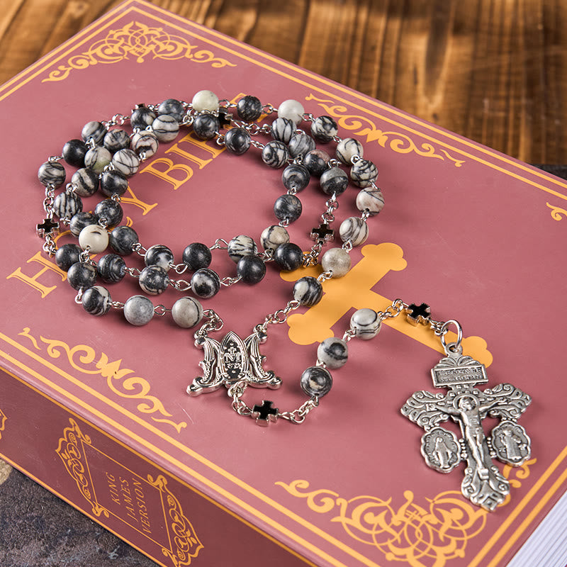 christiandiscipleshop Miraculous Medal & Crucifix Of 8 Mm Round Camouflage Gray Natural Stone Alloy Chain Rosary