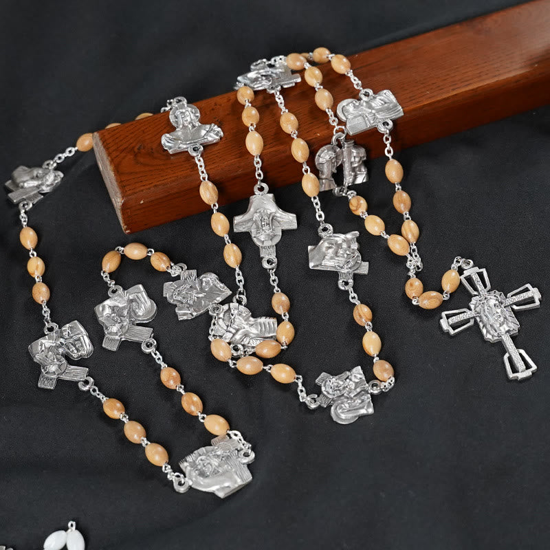 christiandiscipleshop Via Crucis 14 Stations of the Cross Oval Mother of Pearl/Olive Wood Alloy Chain Rosary