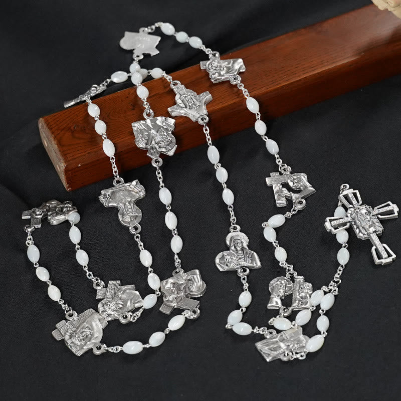 christiandiscipleshop Via Crucis 14 Stations of the Cross Oval Mother of Pearl/Olive Wood Alloy Chain Rosary