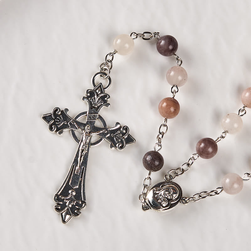 christiandiscipleshop Madonna and Child & Crucifix of 8mm Round Multicolor Agate Alloy Chain Rosary