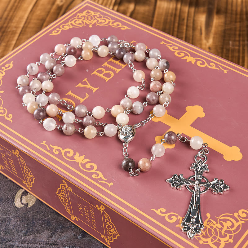 christiandiscipleshop Madonna and Child & Crucifix of 8mm Round Multicolor Agate Alloy Chain Rosary