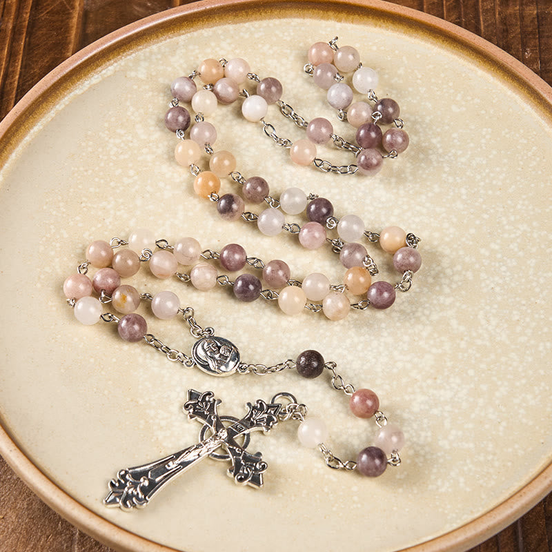 christiandiscipleshop Madonna and Child & Crucifix of 8mm Round Multicolor Agate Alloy Chain Rosary