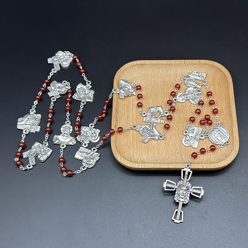 christiandiscipleshop Via Crucis the Stations of the Cross Round Red/Black Agate Alloy Chain Rosary