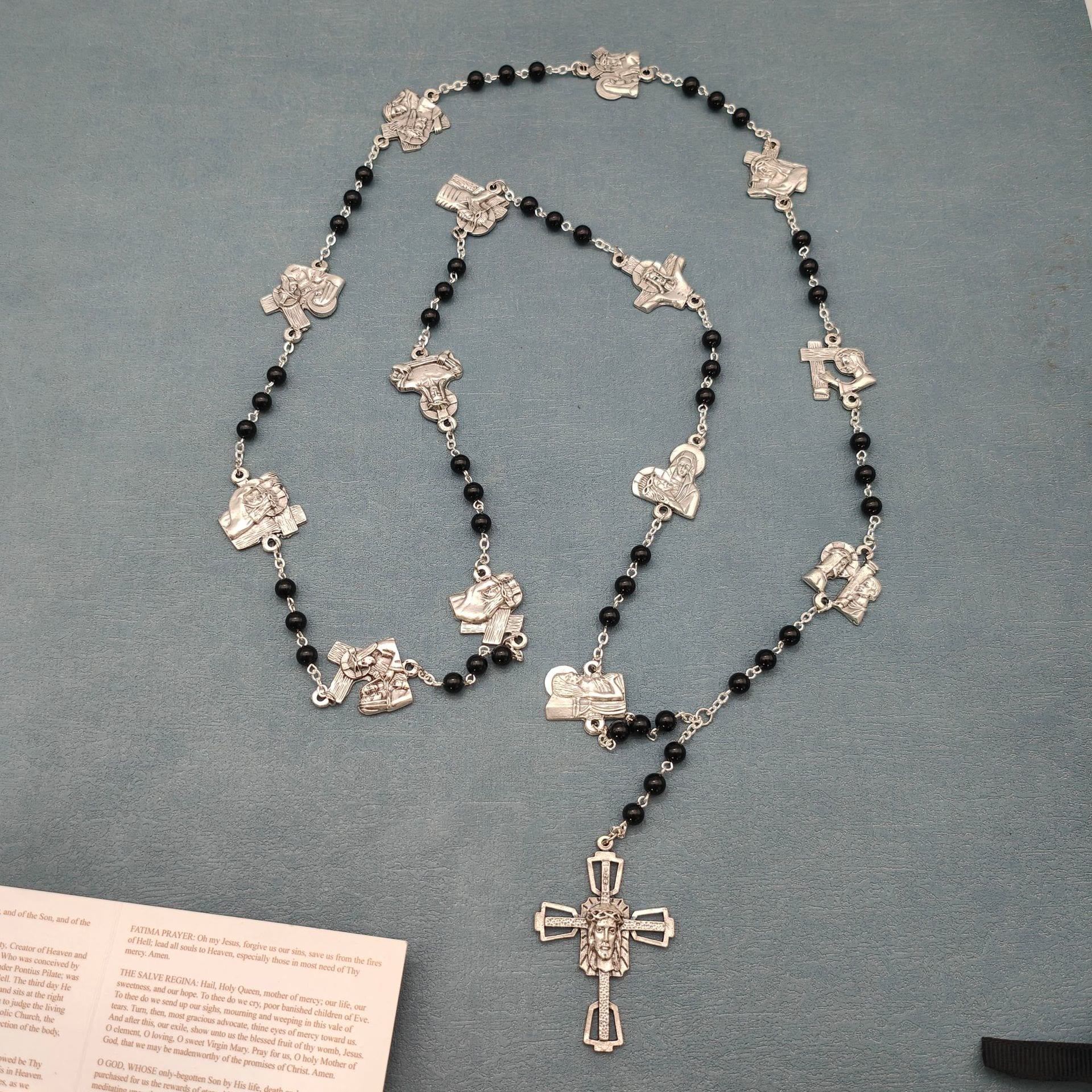 christiandiscipleshop Via Crucis the Stations of the Cross Round Red/Black Agate Alloy Chain Rosary