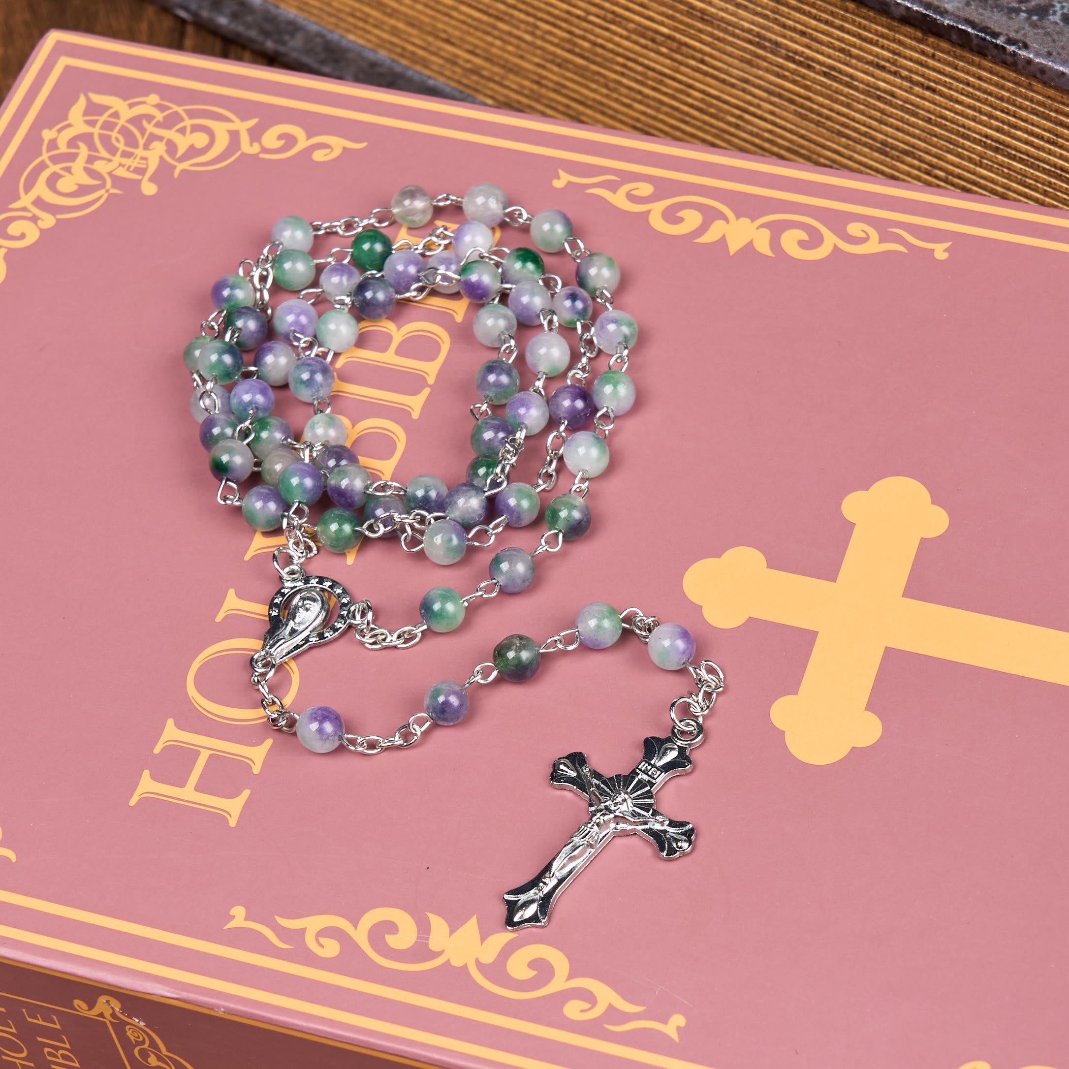 christiandiscipleshop Virgin Mary & Crucifix of 6 mm Round Purple Green Agate Alloy Chain Rosary