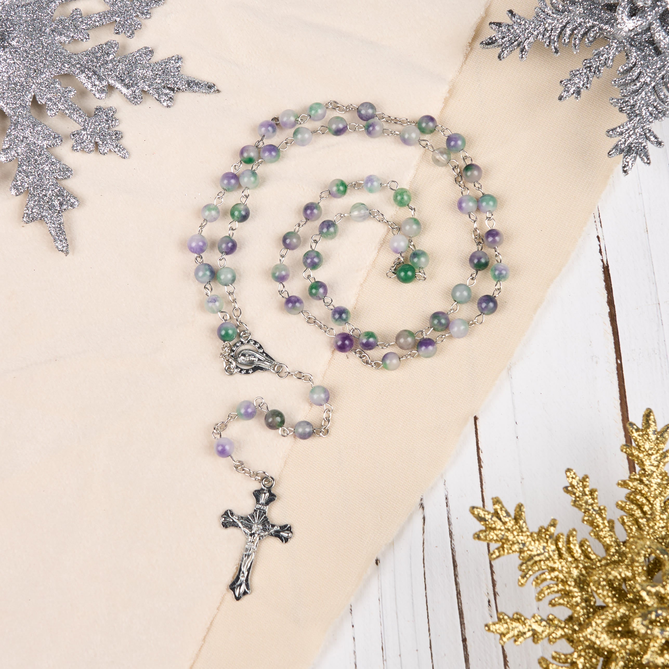 christiandiscipleshop Virgin Mary & Crucifix of 6 mm Round Purple Green Agate Alloy Chain Rosary