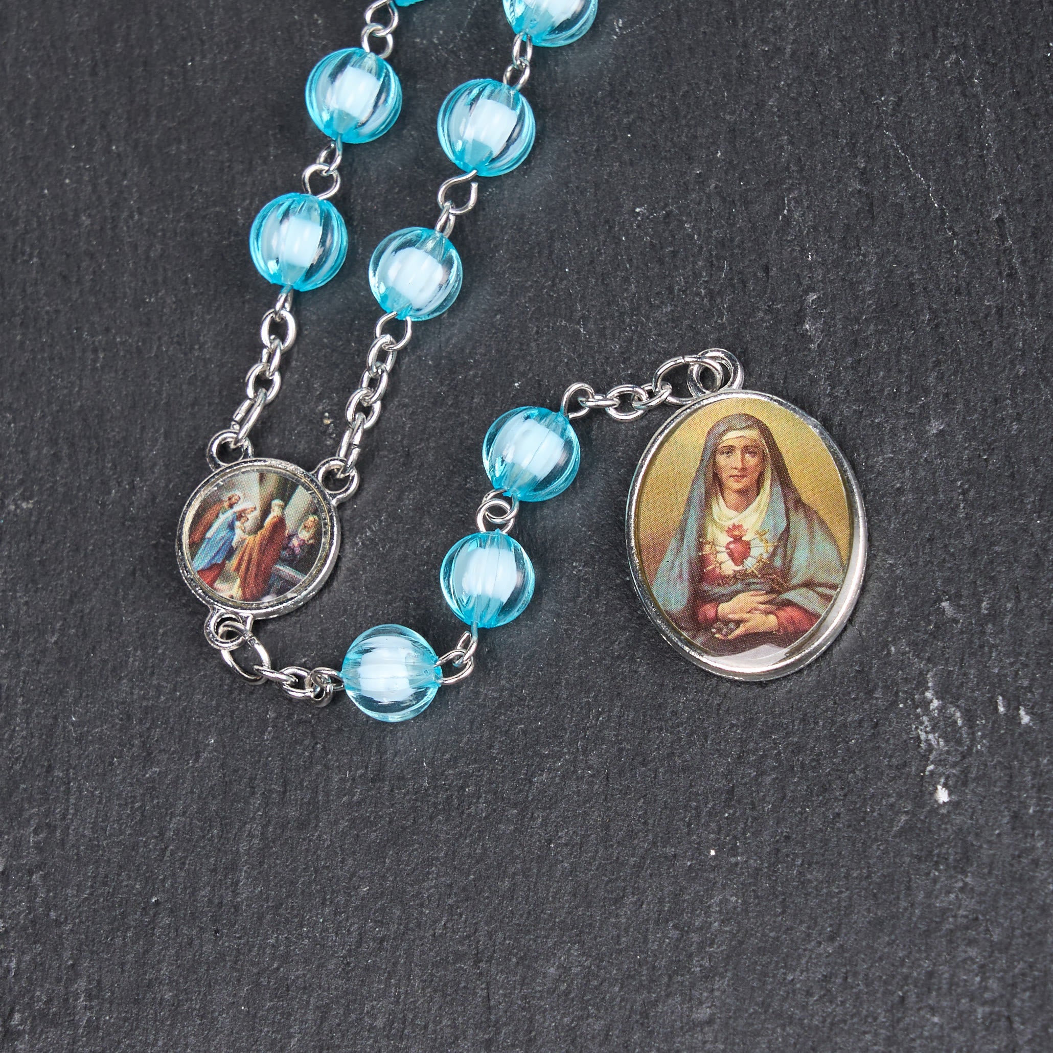 Christiandiscipleshop Seven Sorrow of 8 mm Round Blue Acrylic Alloy Chain Rosary