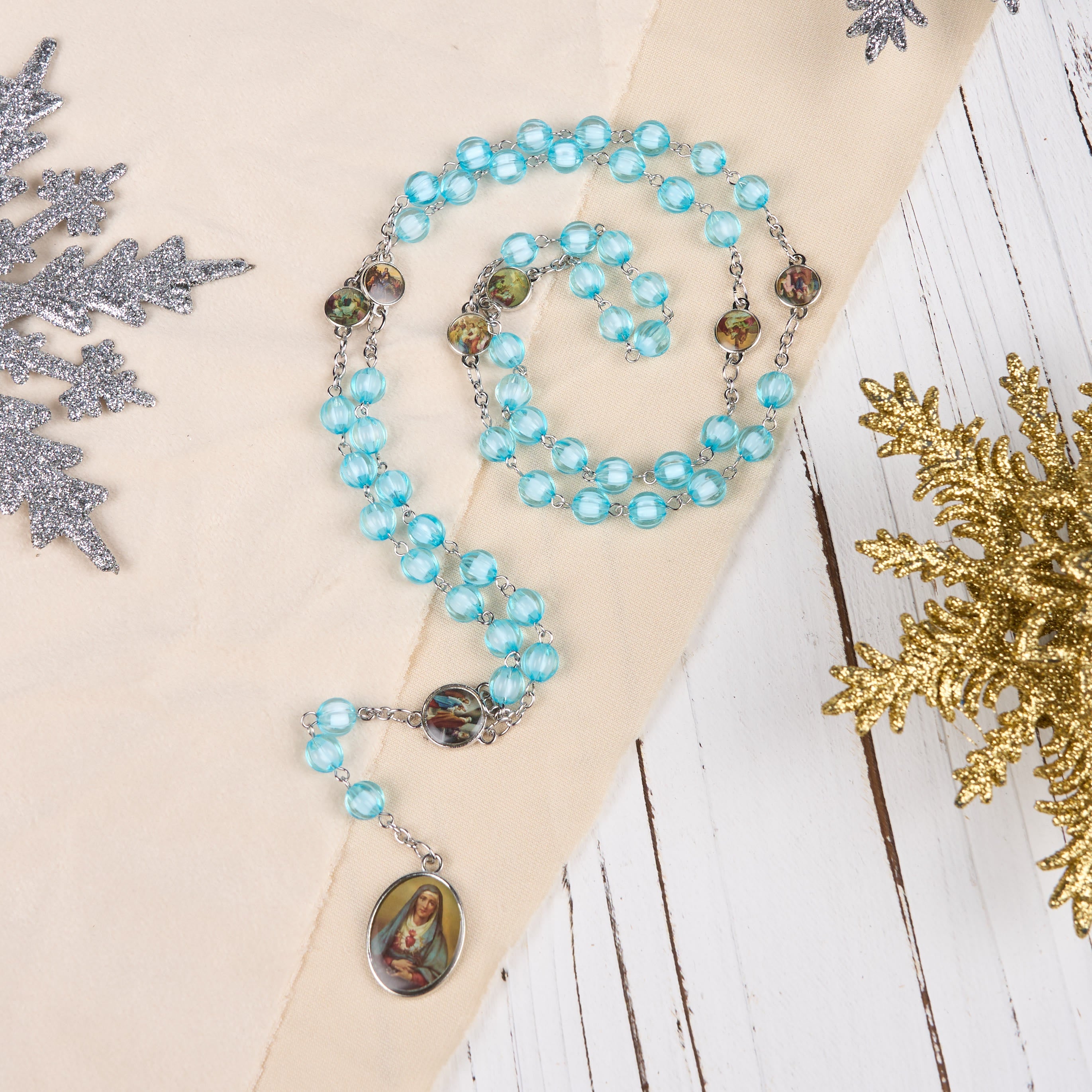 Christiandiscipleshop Seven Sorrow of 8 mm Round Blue Acrylic Alloy Chain Rosary