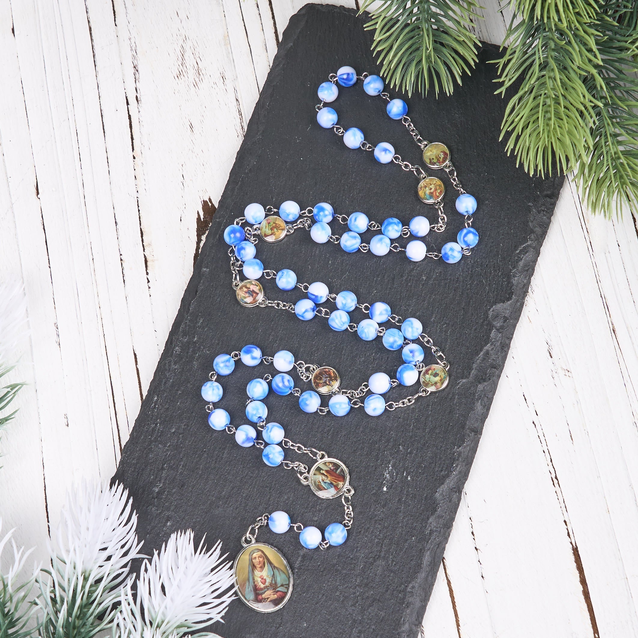 Christiandiscipleshop Seven Sorrow of 8 mm Round Blue/Green Acrylic Alloy Chain Rosary