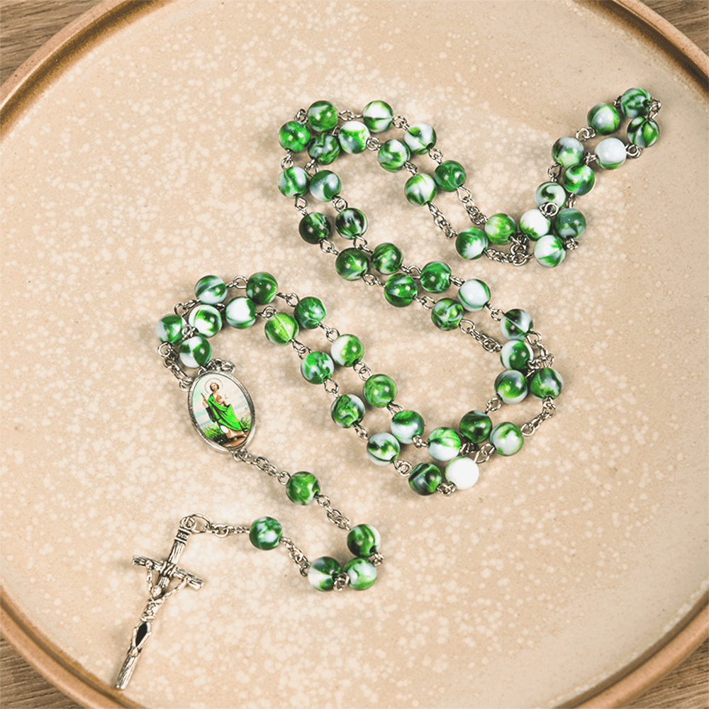Christiandiscipleshop Saint Jude Thaddeus & Crucifix of 8 mm Round Green Acrylic Alloy Chain Rosary