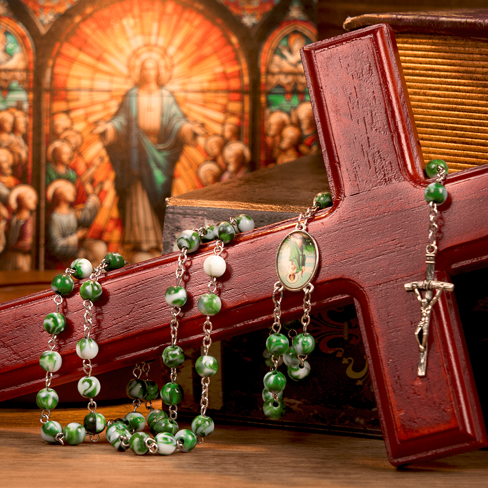Christiandiscipleshop Saint Jude Thaddeus & Crucifix of 8 mm Round Green Acrylic Alloy Chain Rosary