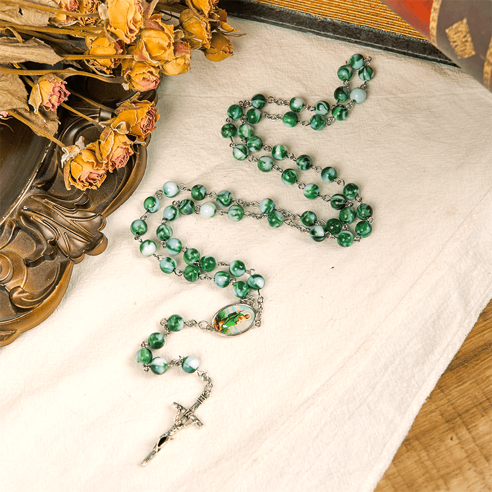 Christiandiscipleshop Saint Jude Thaddeus & Crucifix of 8 mm Round Green Acrylic Alloy Chain Rosary