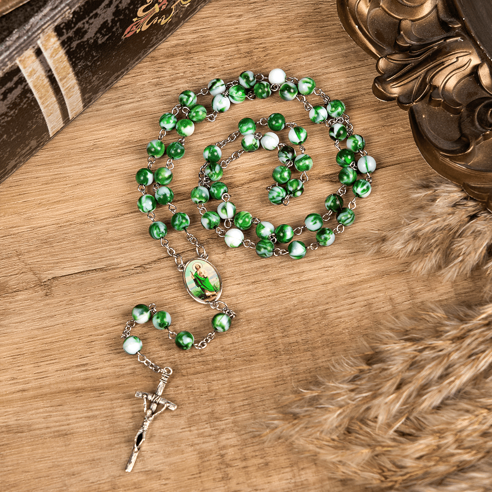 Christiandiscipleshop Saint Jude Thaddeus & Crucifix of 8 mm Round Green Acrylic Alloy Chain Rosary