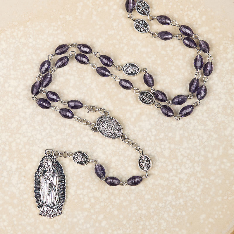 christiandiscipleshop Miraculous Medal & Our Lady of Guadalupe of 6*8mm Oval Purple Crystal Alloy Chain Rosary