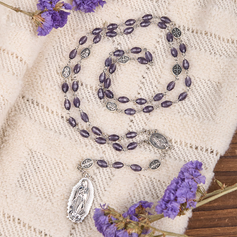 christiandiscipleshop Miraculous Medal & Our Lady of Guadalupe of 6*8mm Oval Purple Crystal Alloy Chain Rosary