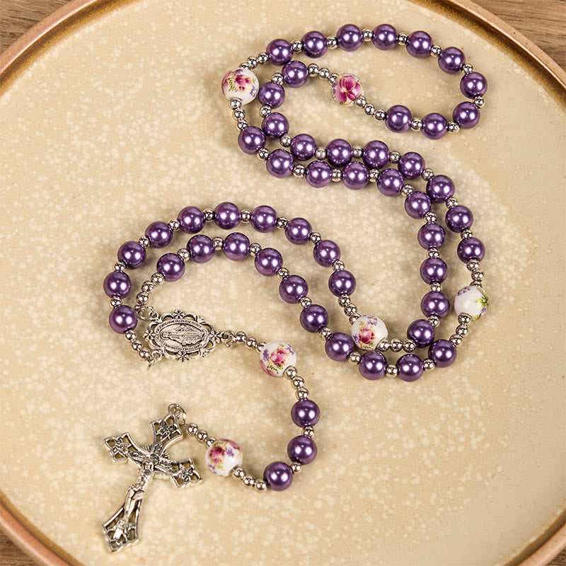 christiandiscipleshop Miraculous Medal & Crucifix of 10mm Round Multicolor Pearl/Ceramics Rosary