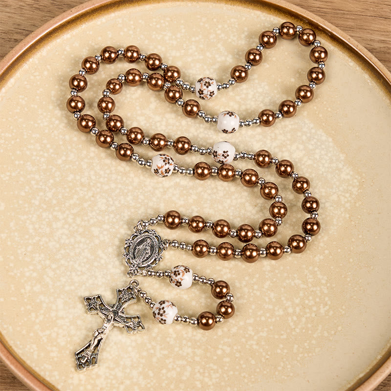 christiandiscipleshop Miraculous Medal & Crucifix of 10mm Round Multicolor Pearl/Ceramics Rosary