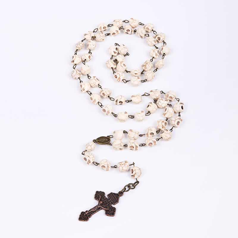 Christiandiscipleshop Saint Benedict & Crucifix of 8 mm White Pine Skull Alloy Chain Rosary Necklace