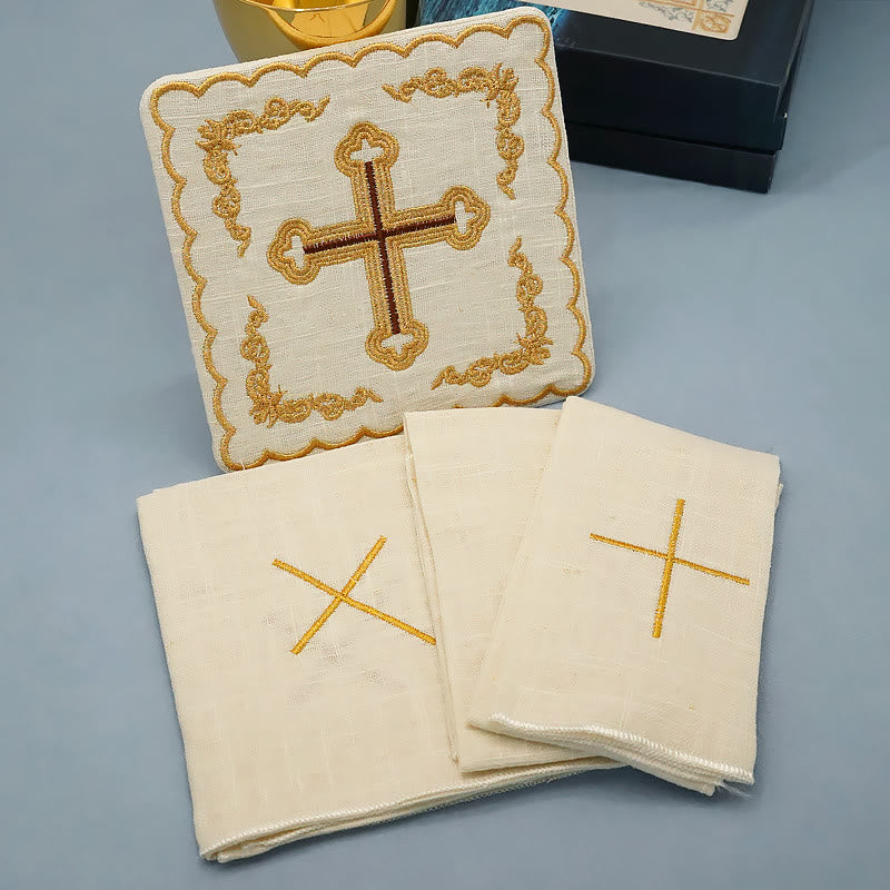 Christiandiscipleshop Classic Style Golden Cross Embroidered  Elegant Religious Altar Linen Set