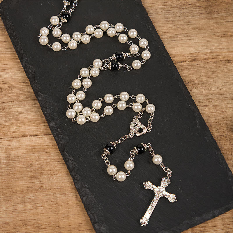 christiandiscipleshop Immaculate Heart of Mary & Crucifix of 8 mm Round White Acrylic Alloy Chain Rosary