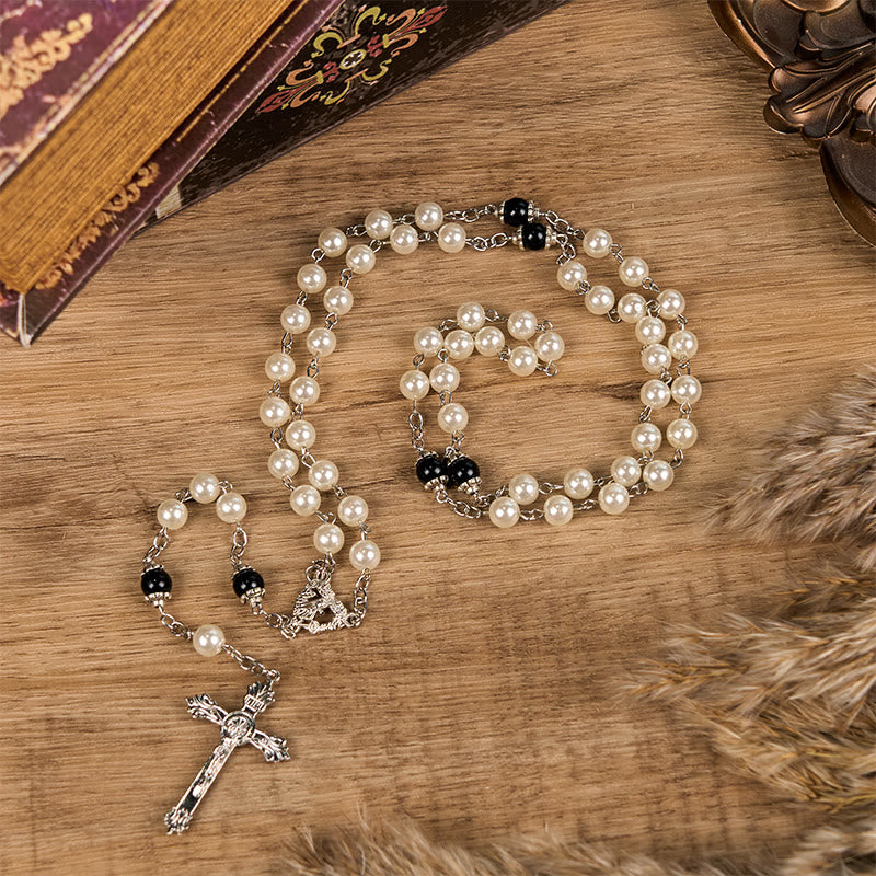 christiandiscipleshop Immaculate Heart of Mary & Crucifix of 8 mm Round White Acrylic Alloy Chain Rosary