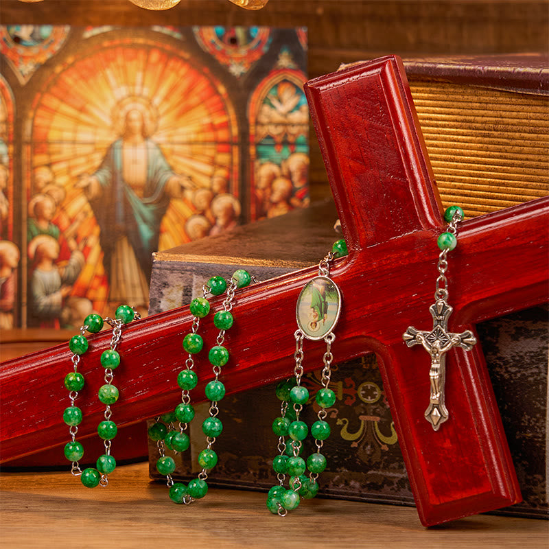Christiandiscipleshop St. Jude & Crucifix of 8 mm Round Green Glass Alloy Chain Rosary