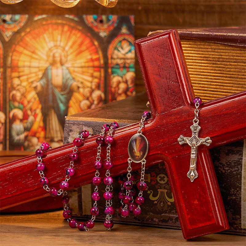 Christiandiscipleshop Divine Mercy & Crucifix of 8 mm Round Purple Glass Alloy Chain Rosary