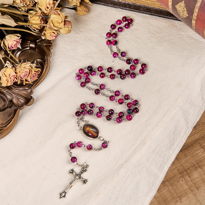 Christiandiscipleshop Divine Mercy & Crucifix of 8 mm Round Purple Glass Alloy Chain Rosary