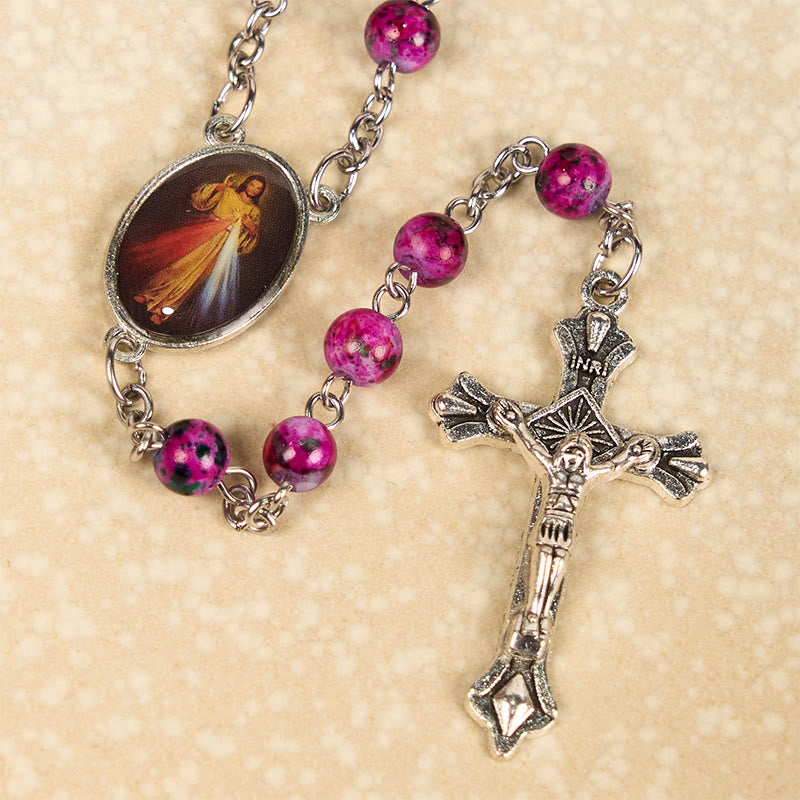 Christiandiscipleshop Divine Mercy & Crucifix of 8 mm Round Purple Glass Alloy Chain Rosary