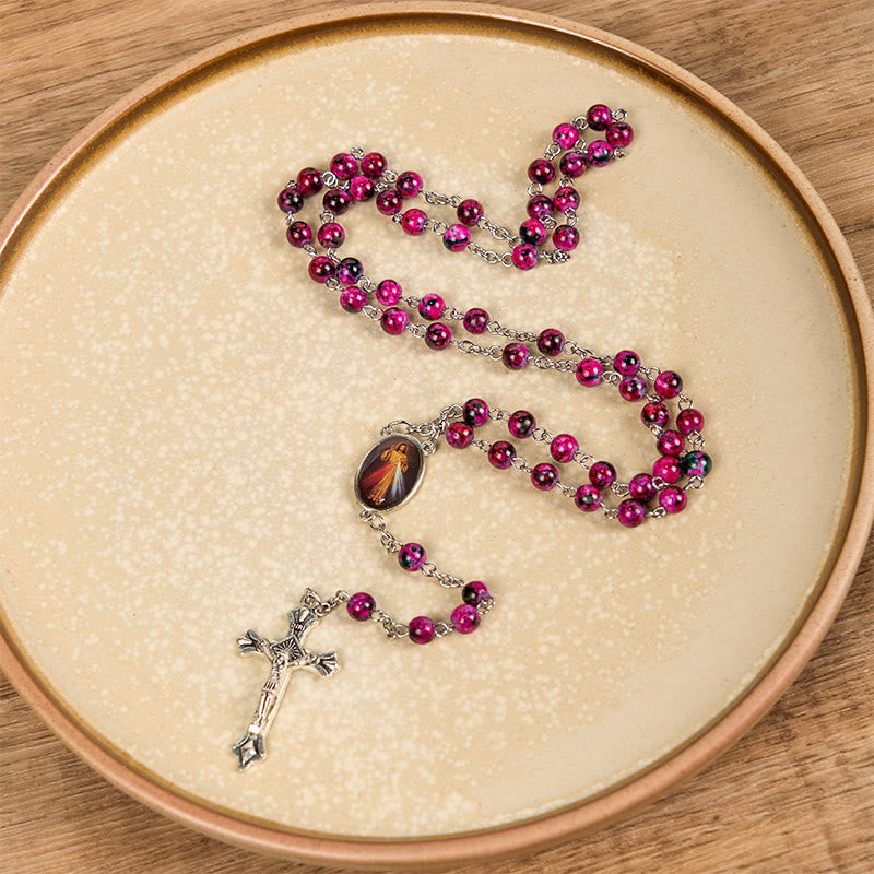 Christiandiscipleshop Divine Mercy & Crucifix of 8 mm Round Purple Glass Alloy Chain Rosary